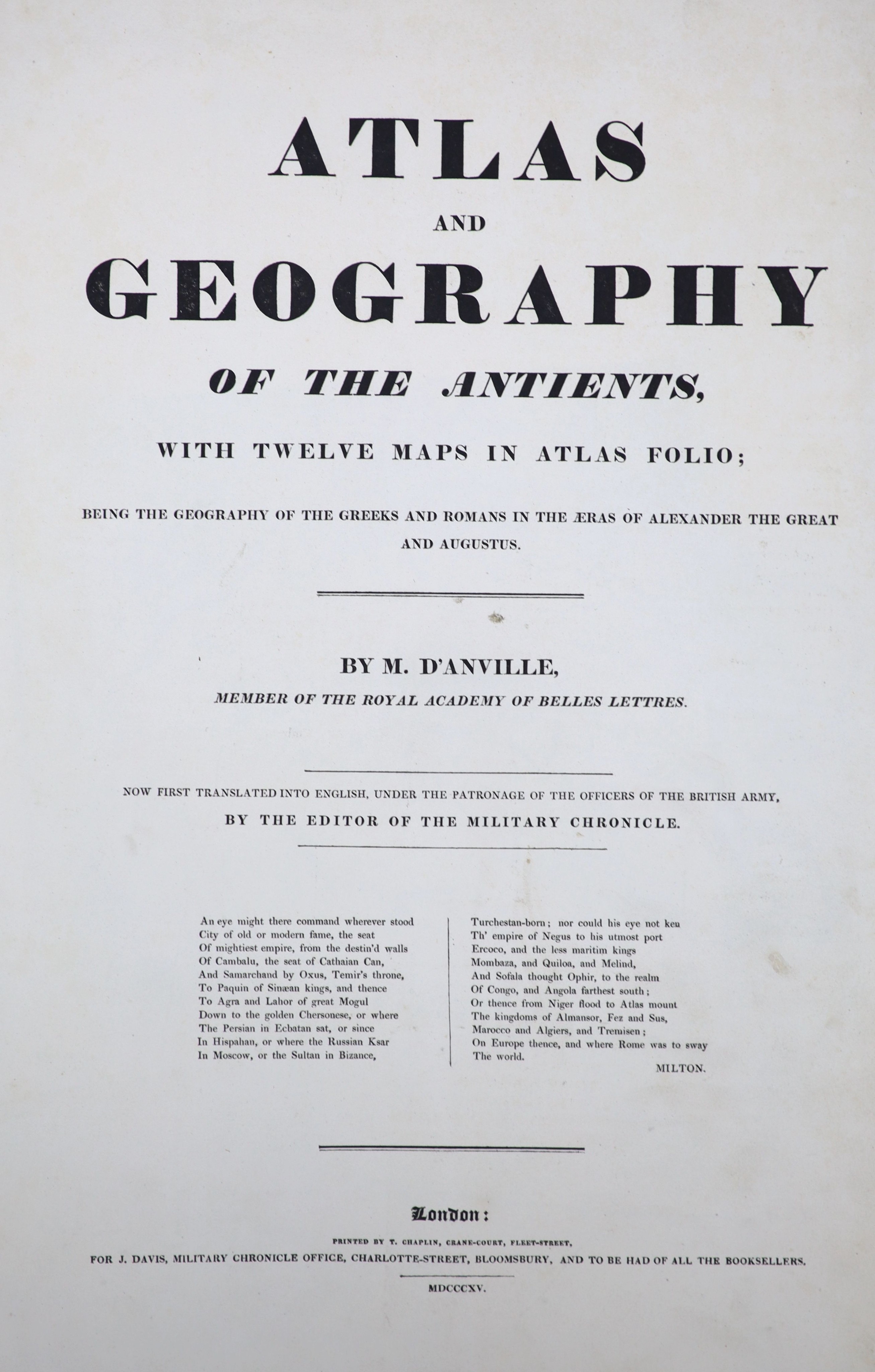 Anville, Jean Baptiste Bourguingnon d’ - Atlas and Geography of the Antients, folio, half leather, with 10 hand-coloured folding maps, including the World map, some early leaves and maps loose, London 1815